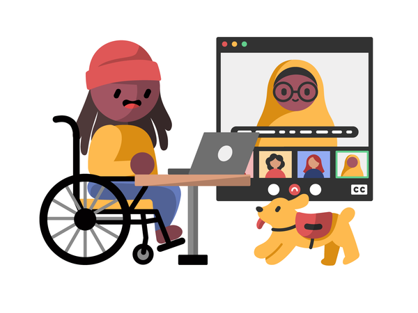 A dark skinned wheelchair user with long hair and a beanie sits at a small table, using their laptop to participate in a video meeting that is being live captioned.