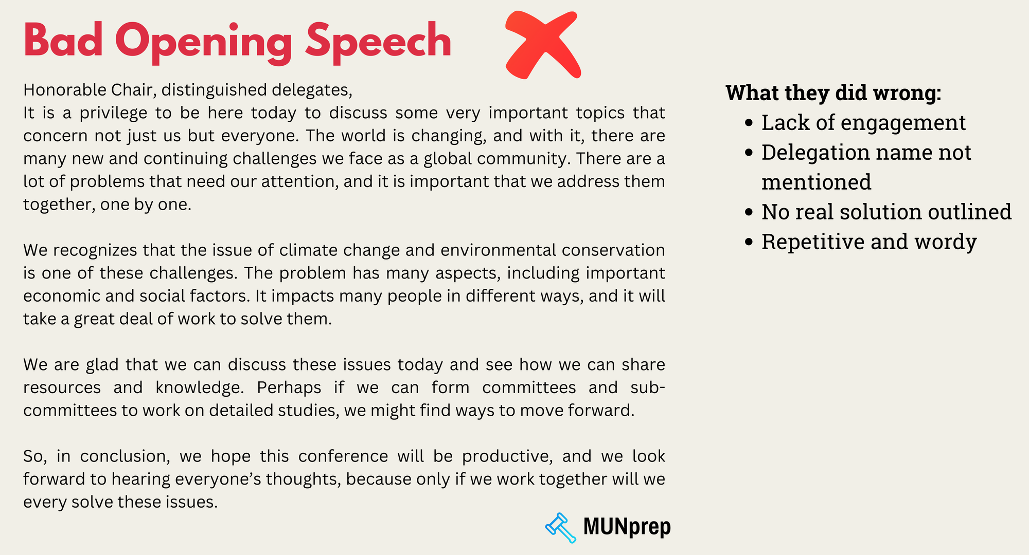 An example of an ineffective opening speech that will not promote engagement, and is too repetitive.