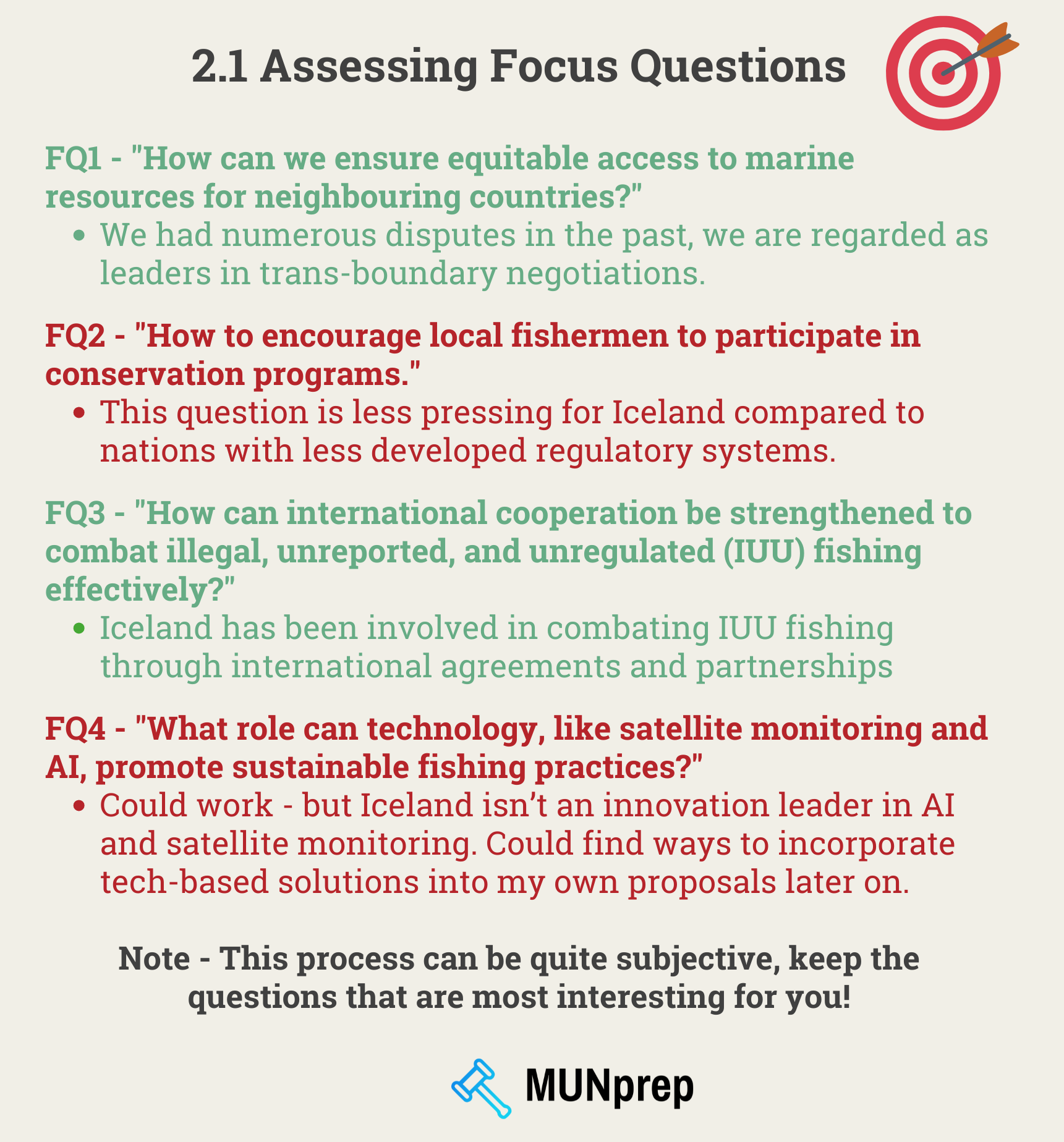 Worked example of a MUN research process, showing a delegate choosing two focus questions from a list of 4, we explain that this process can be somewhat subjective.
