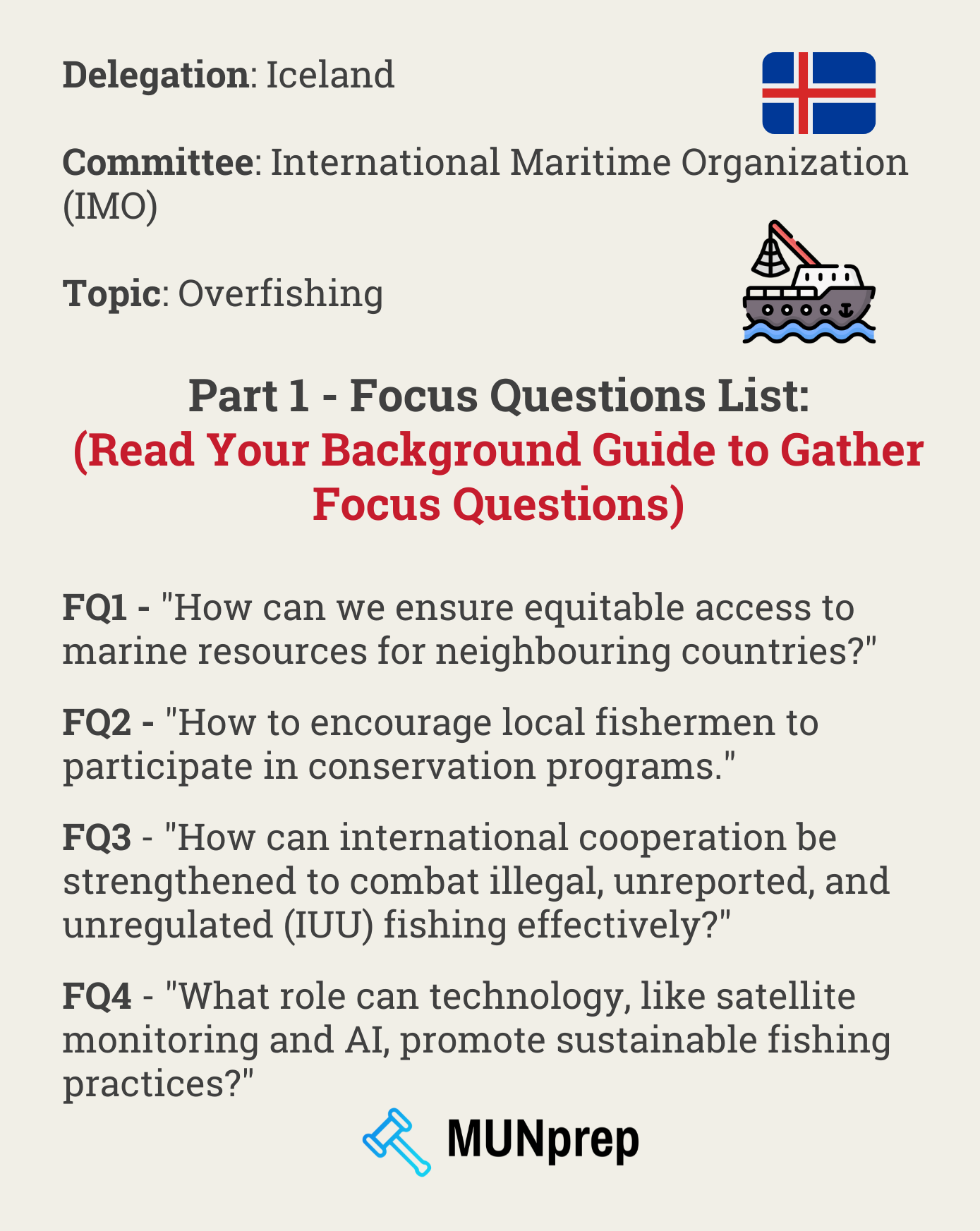 Worked example of MUN research - showing a list of focus questions.