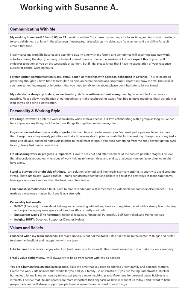 Personal user manual showing sections on communicating preferences, personality and working style, and values and beliefs.