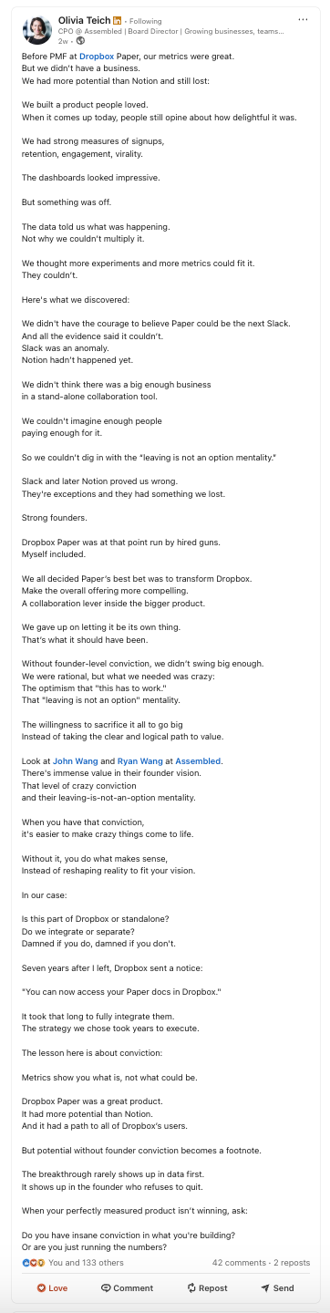 LinkedIn post by Olivia Teich, CPO at Assembled, about Dropbox Paper's failure despite good metrics.
