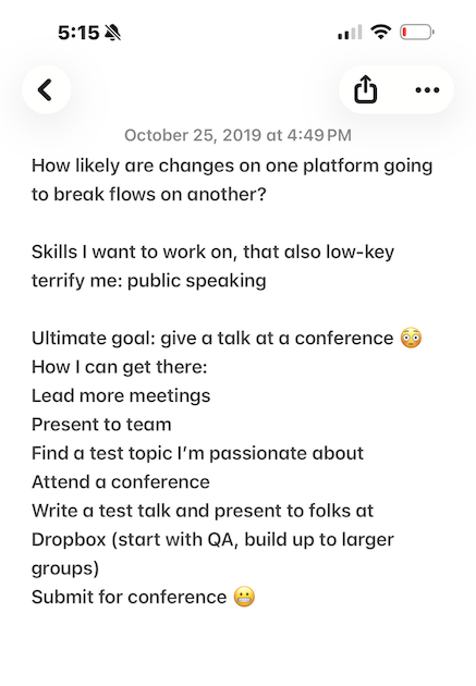 Screenshot of an iPhone Notes app entry dated October 25, 2019, showing a goal of public speaking with a handwritten roadmap toward giving a conference talk.