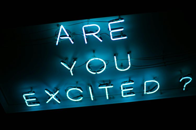Blue neon sign reading "ARE YOU EXCITED ?" against a dark wall