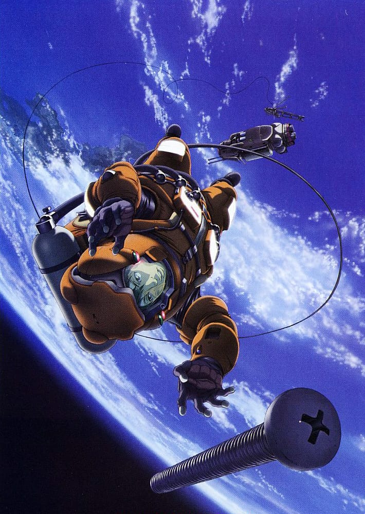 A promotional image for Planetes, featuring Hachiroto Hoshino conducting and EVA in a spacesuit