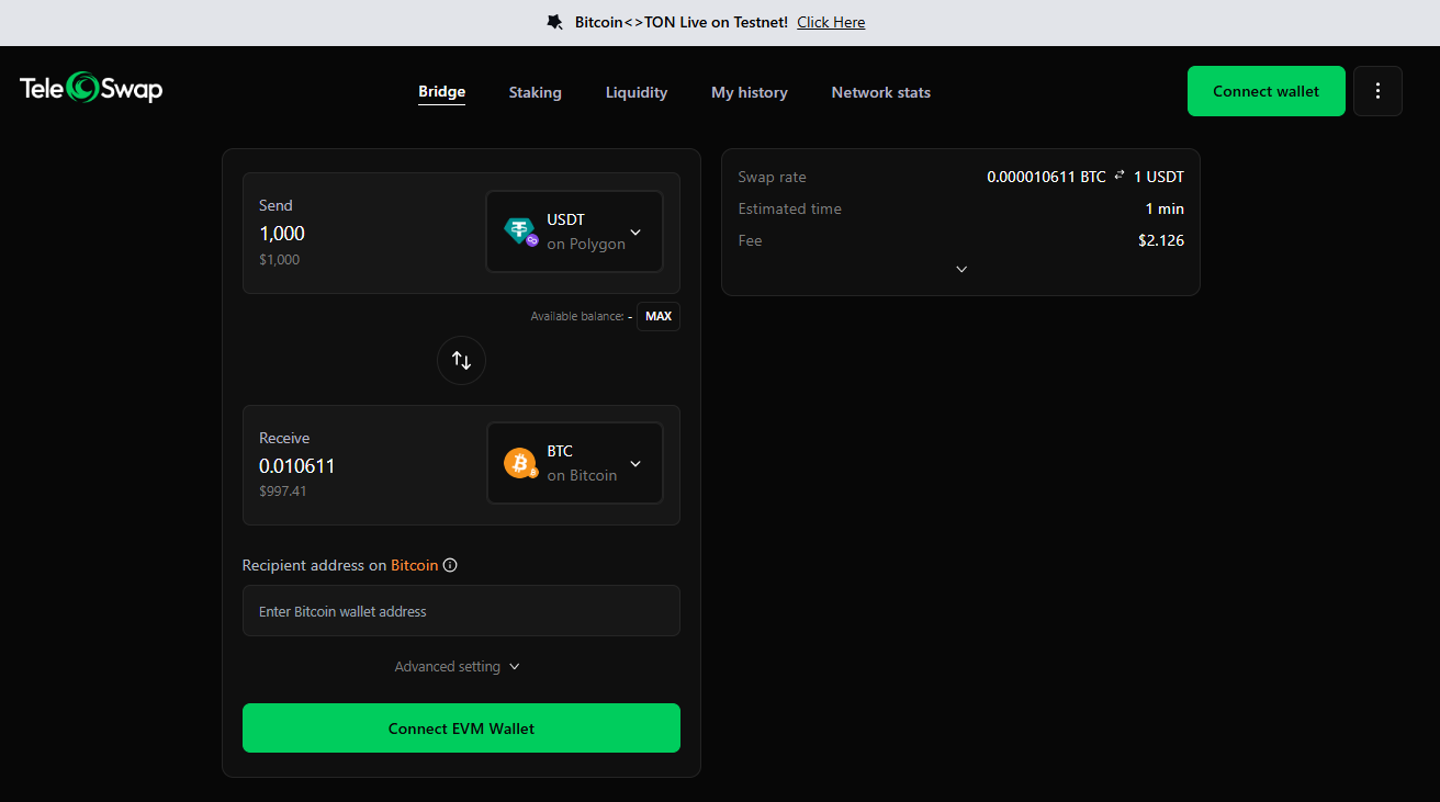 ScreenShot of https://app.teleswap.xyz/ page