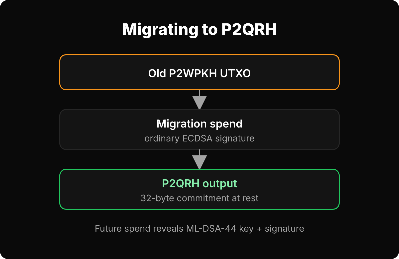 Flow from a P2WPKH UTXO through an ECDSA migration spend into a P2QRH output with a 32-byte commitment.