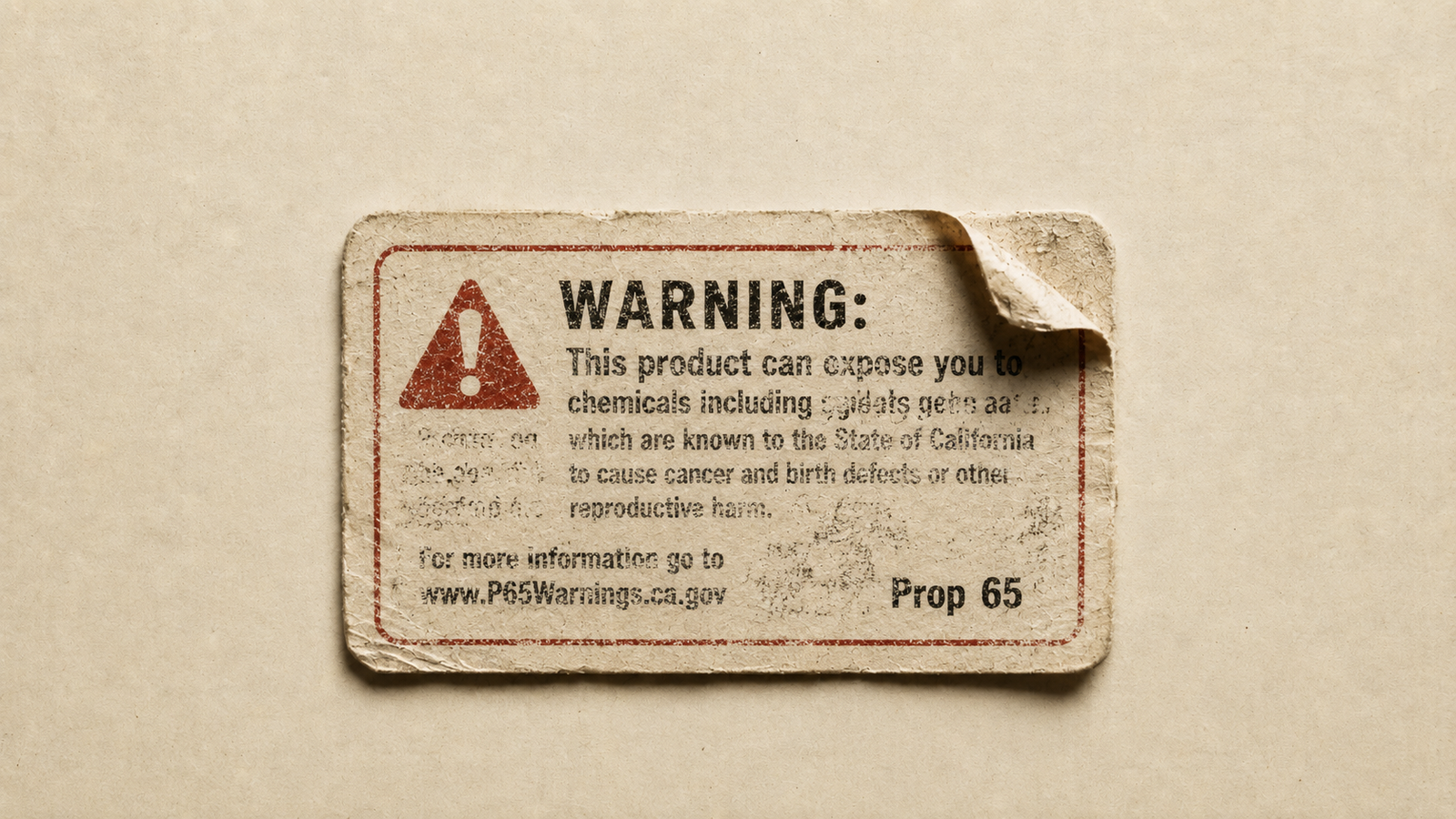 A small, worn adhesive Proposition 65 warning label, photographed close-up.