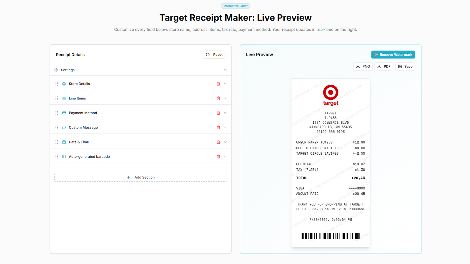 Receipt maker editor show form fields beside a live thermal receipt preview