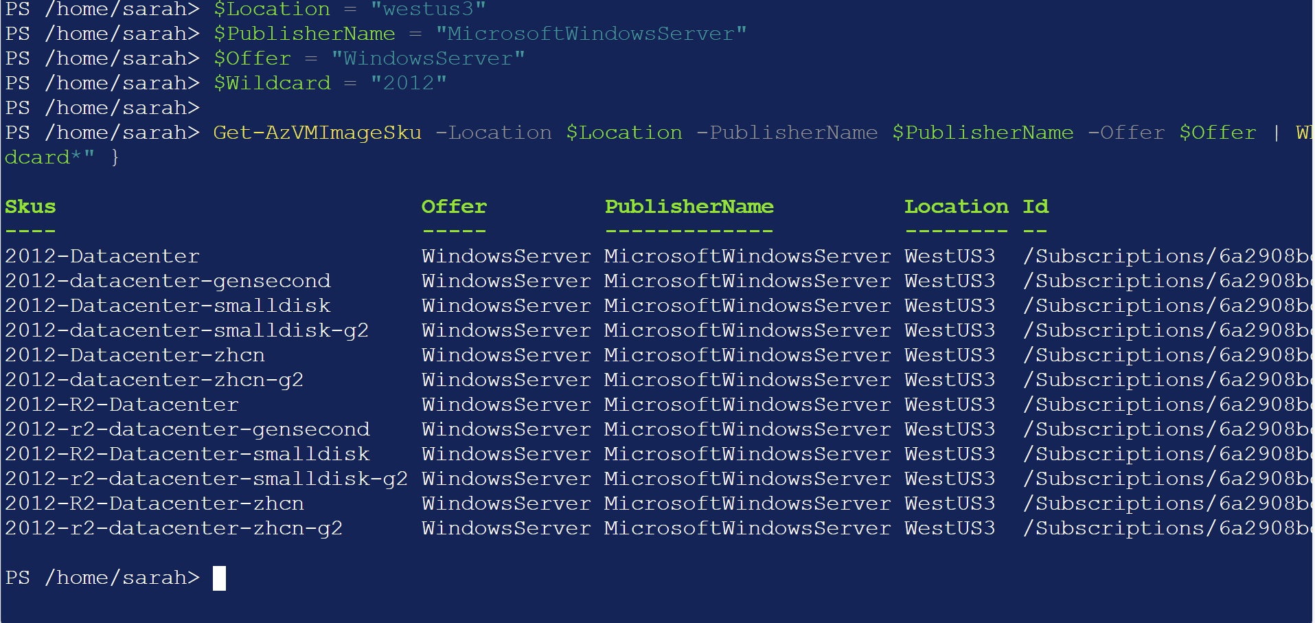 Get-AzVMImageSKU output