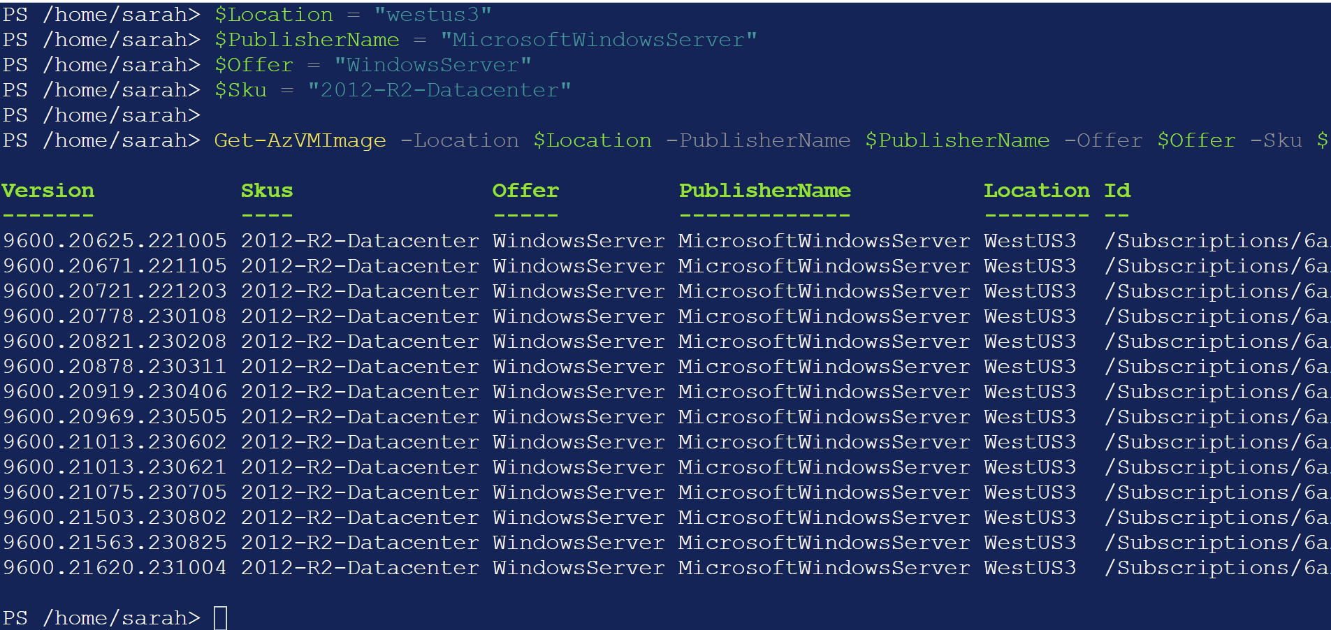 Get-AzVMimage output