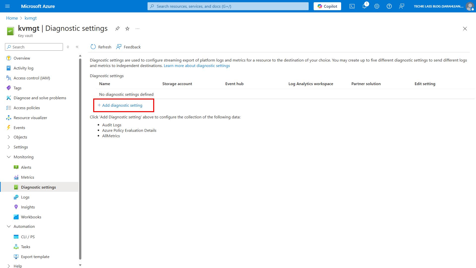 Azure Portal - Diagnostic settings