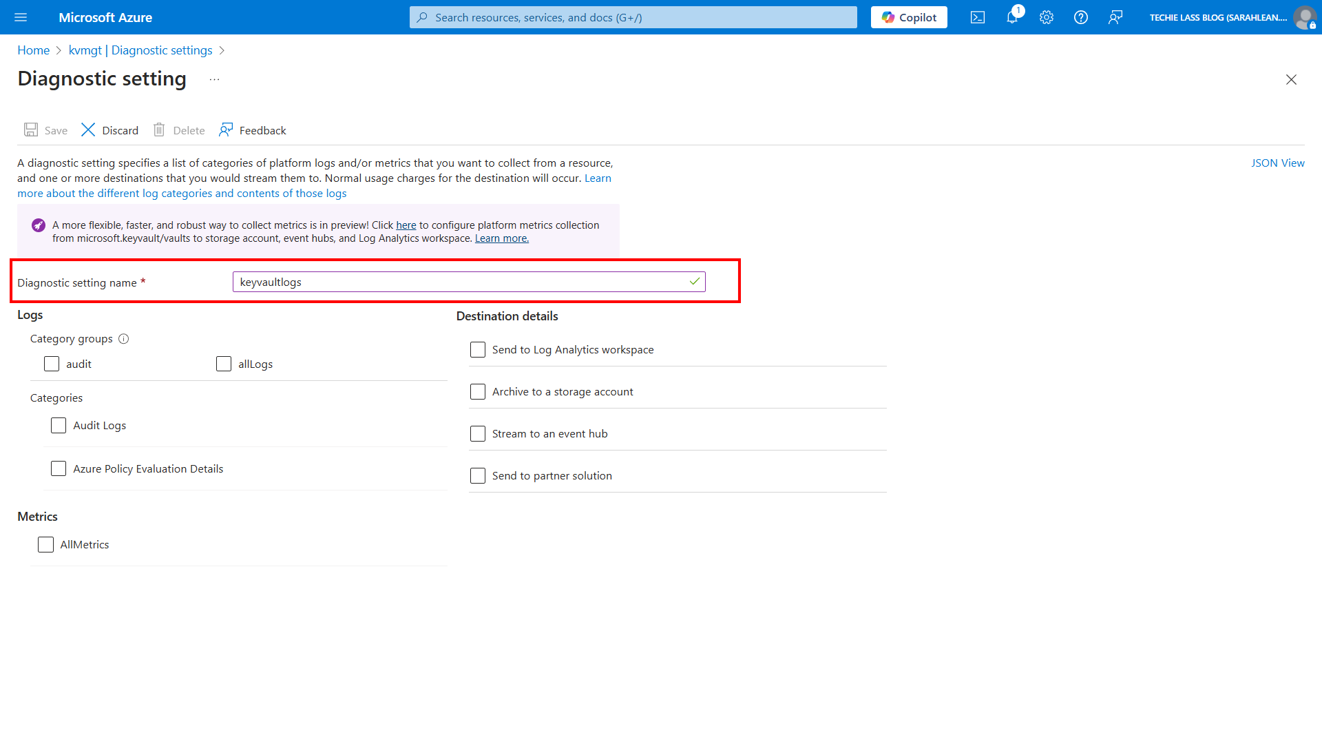 Azure Portal - Diagnostic settings
