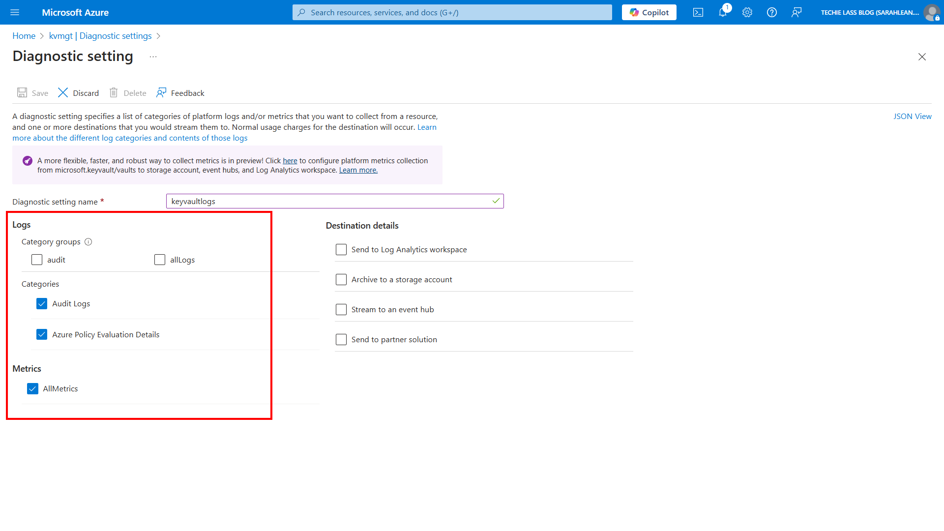 Azure Portal - Diagnostic settings