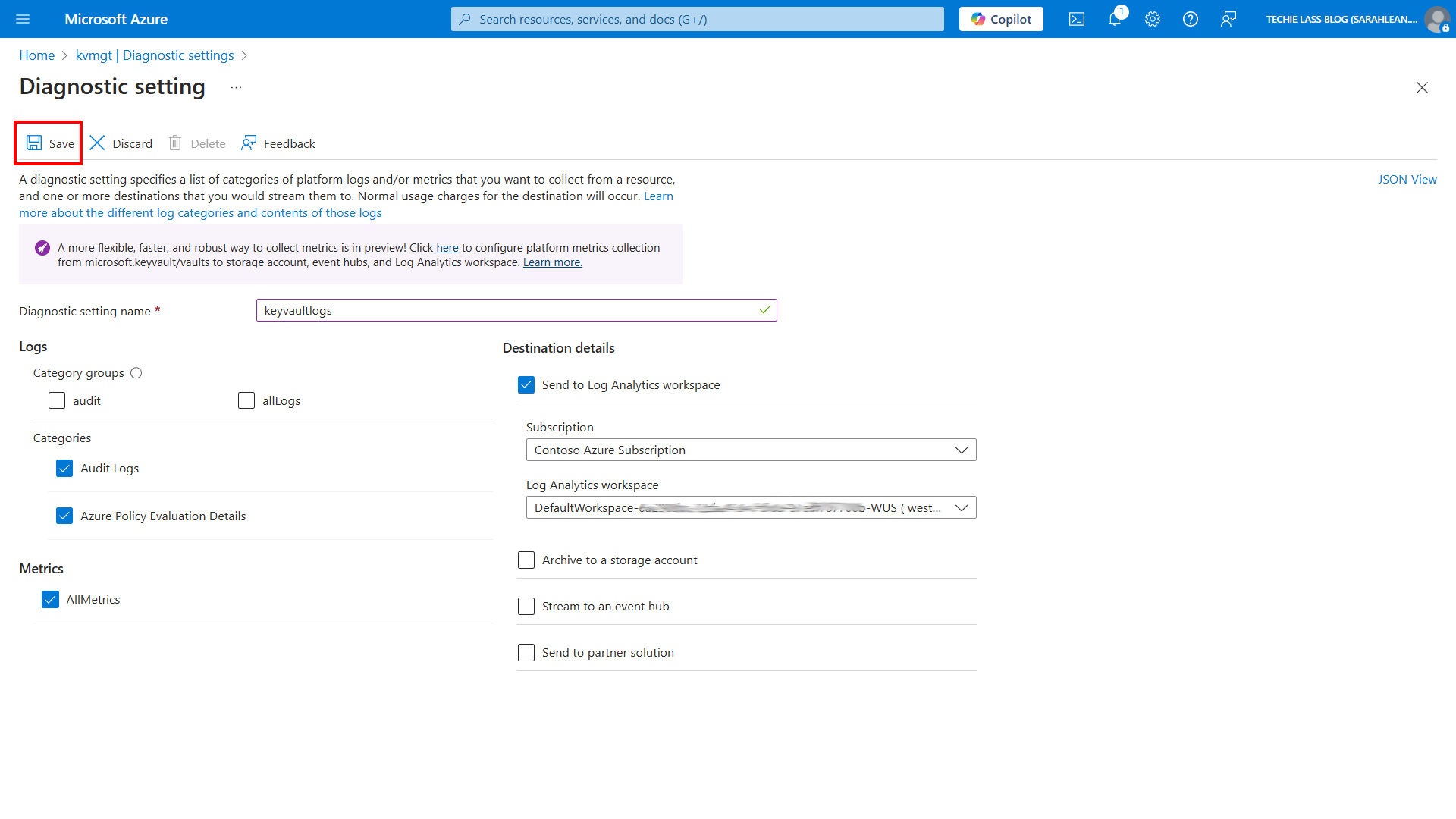 Azure Portal - Diagnostic settings