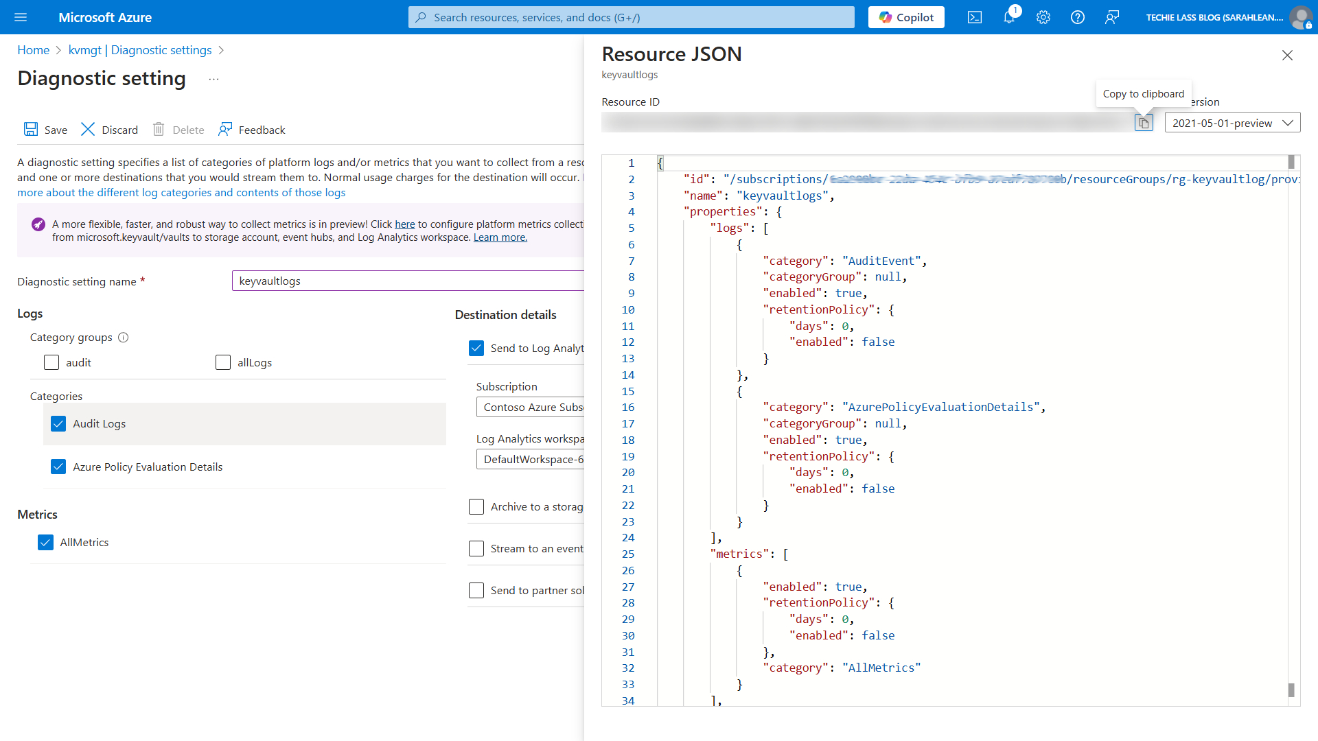 Azure Portal - Diagnostic settings JSON View