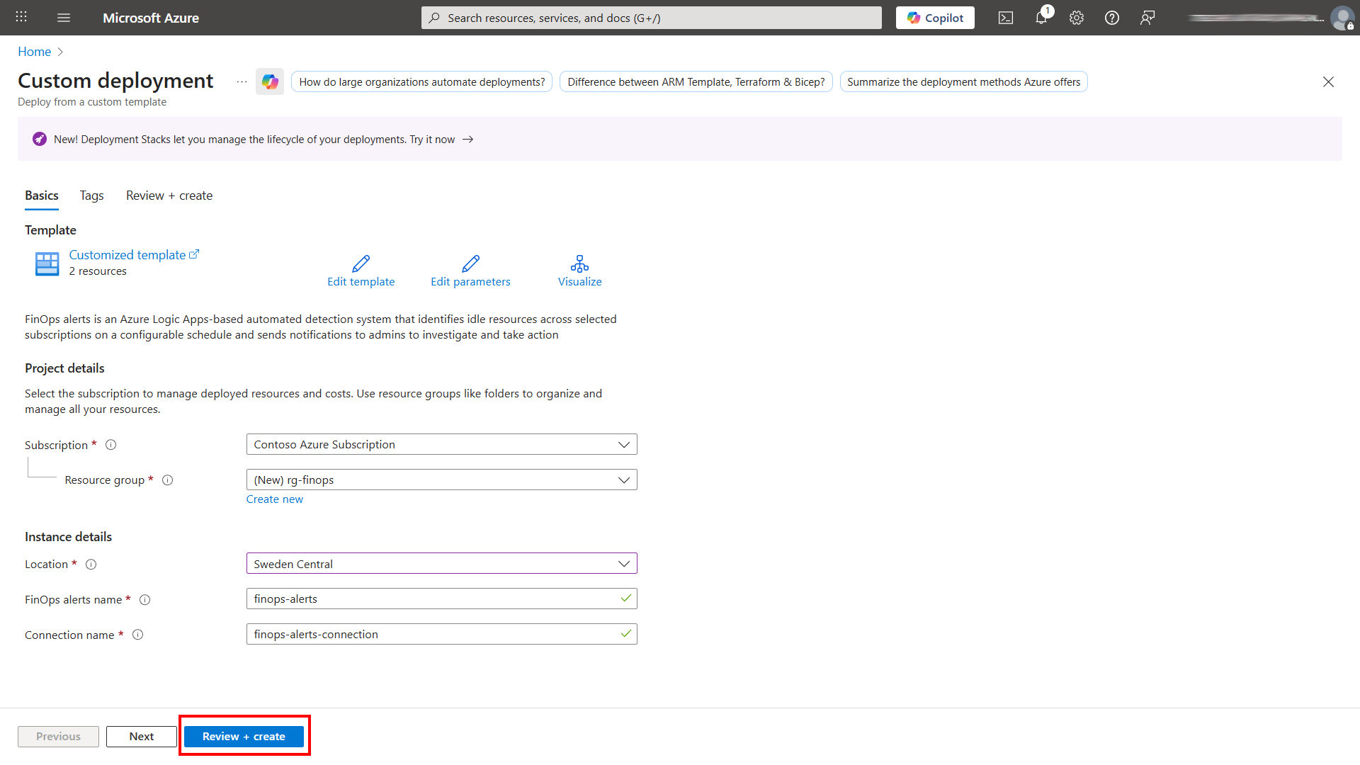Azure Portal custom deployment
