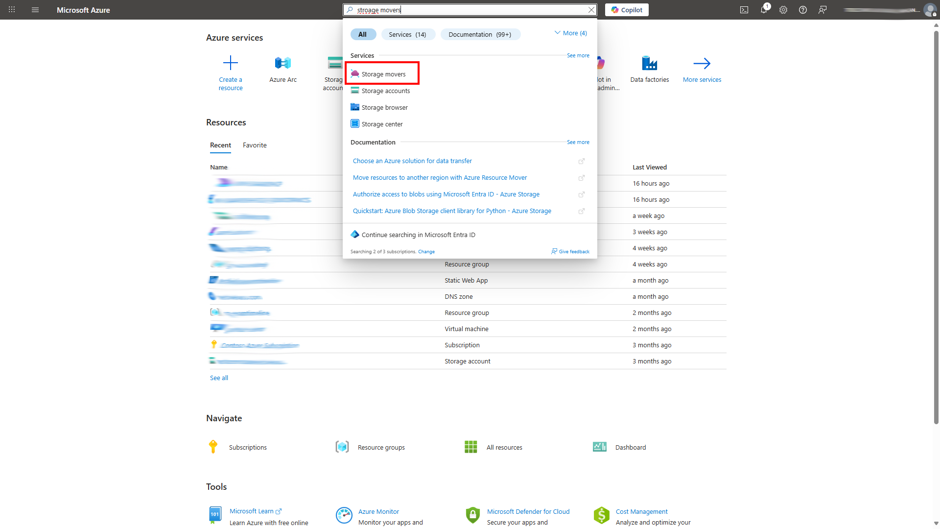 Azure Portal, storage mover