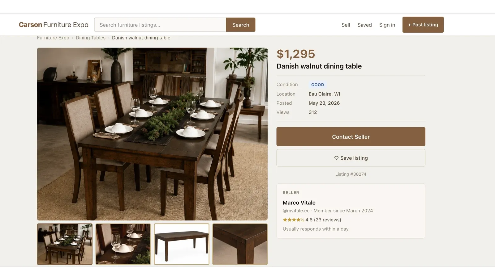 Screenshot of the mock listing on Carson Furniture Expo: a Danish walnut dining table priced at $1,295, condition Good, in Eau Claire, Wisconsin, sold by Marco Vitale with a 4.6 rating from 23 reviews.