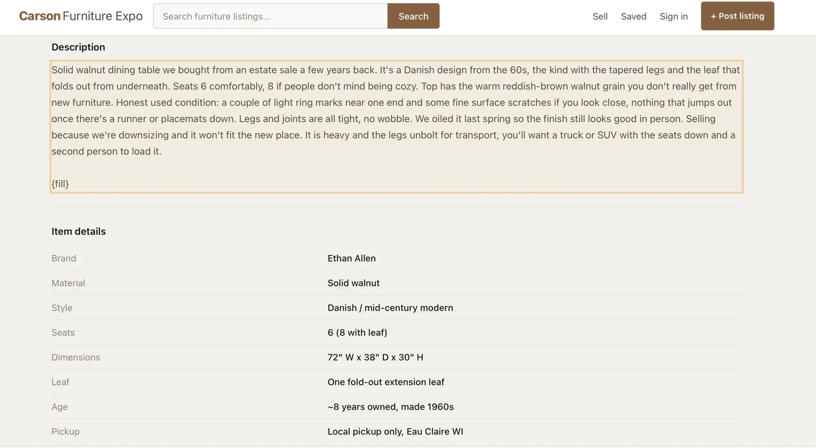 Screenshot of the same listing's Description and Item details sections. The description ends with the highlighted placeholder {fill}, sitting just above the Item details specification table.