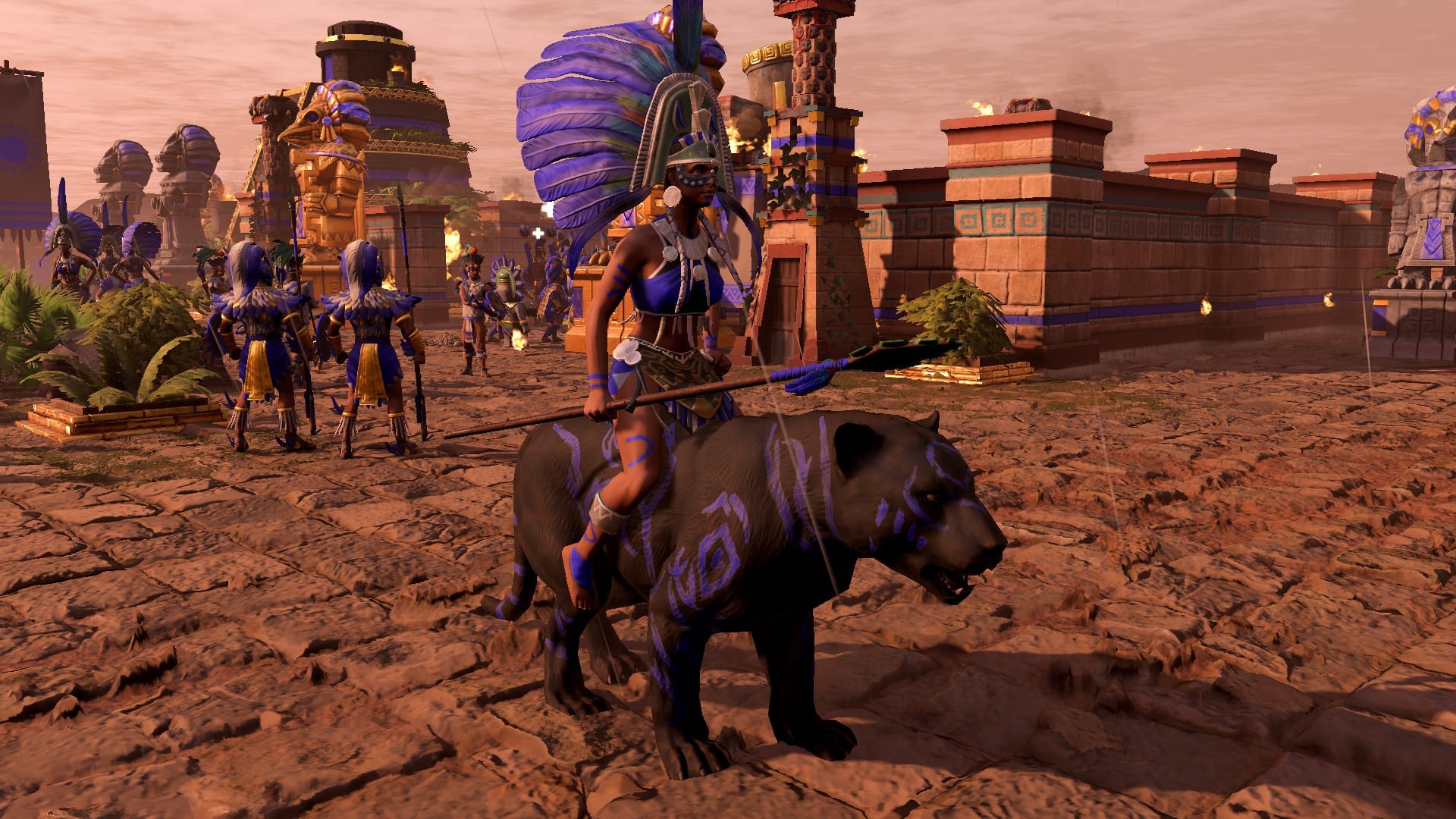 A woman in a headdress and holding a spear is riding a dark jaguar