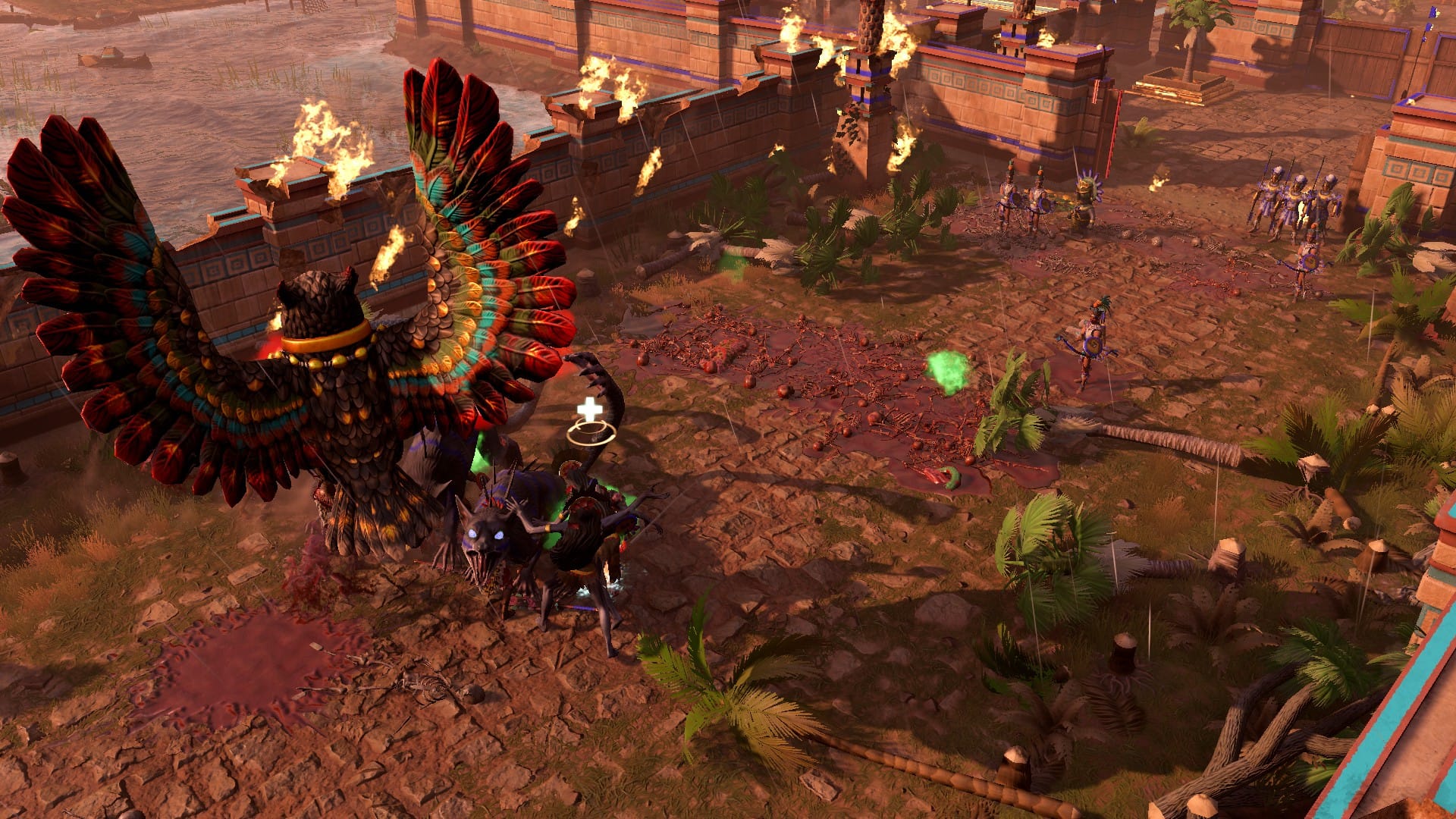 A few soldiers guard a passage from a giant owl, with a massive bile of bloody bones on the ground. 