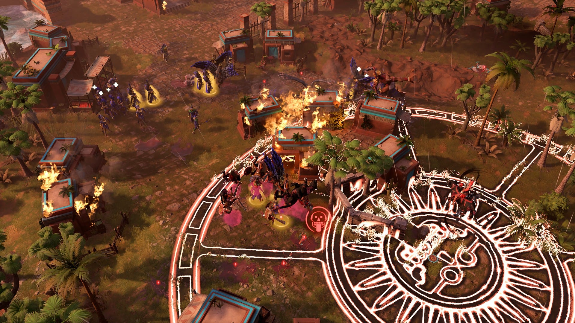 An army wading through a burning village, with a sigil on the ground glowing underneath one unit.