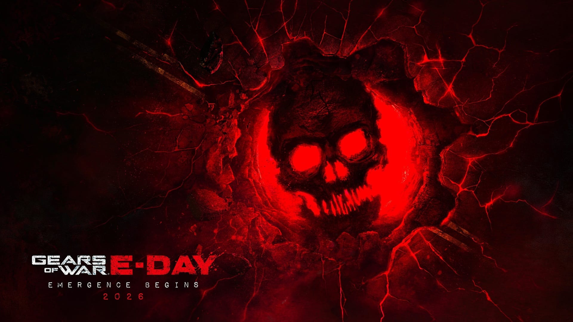 The Crimson Skull logo for Gears of War, with text reading "Gears of War: E-Day Emergence Begins 2026"