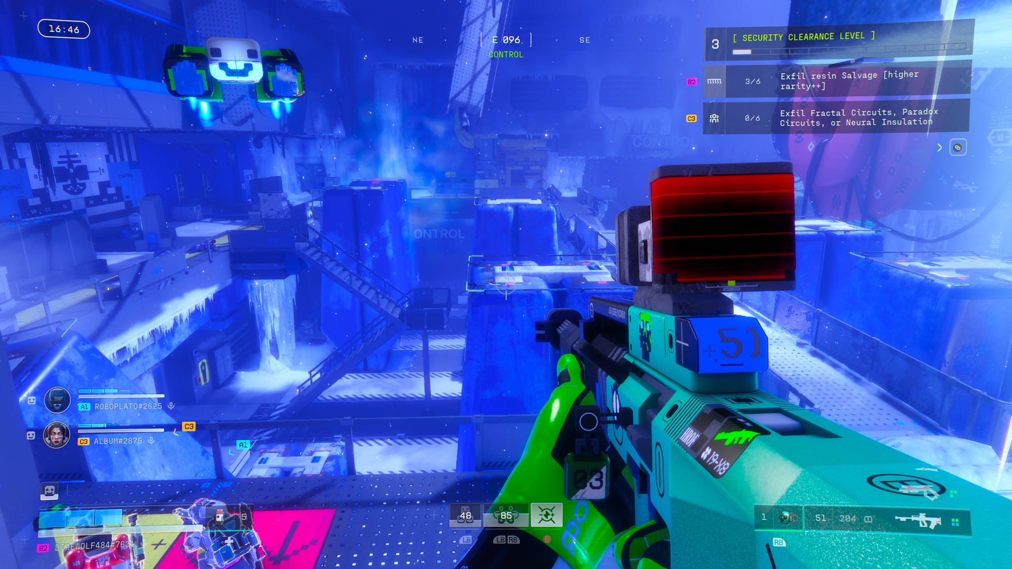 A first-person view of a Volley Rifle in Marathon, with ice covering the nearby environment.