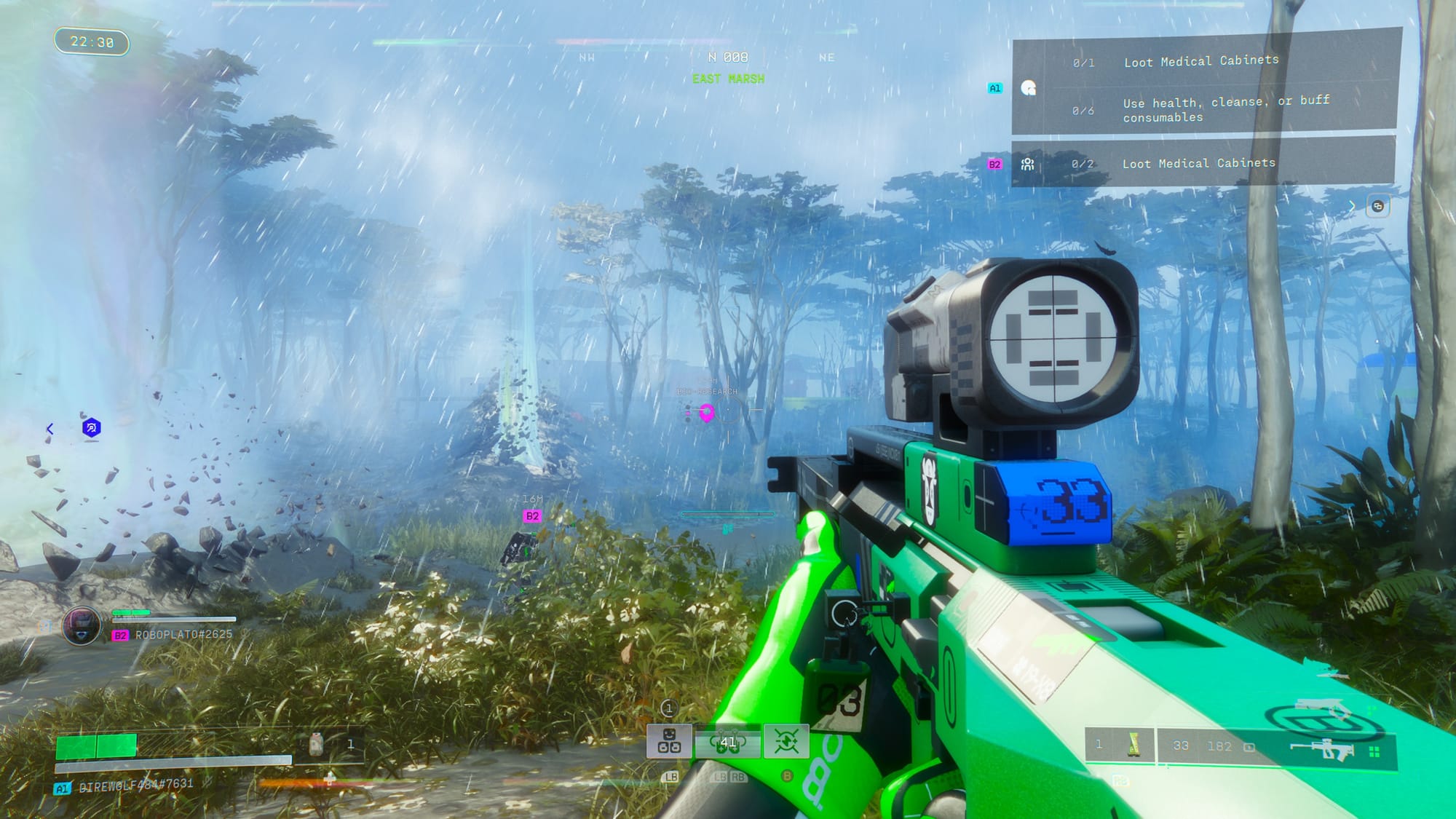 A first-person view of a Volley Rifle in Marathon, as rain falls around the character's view. 