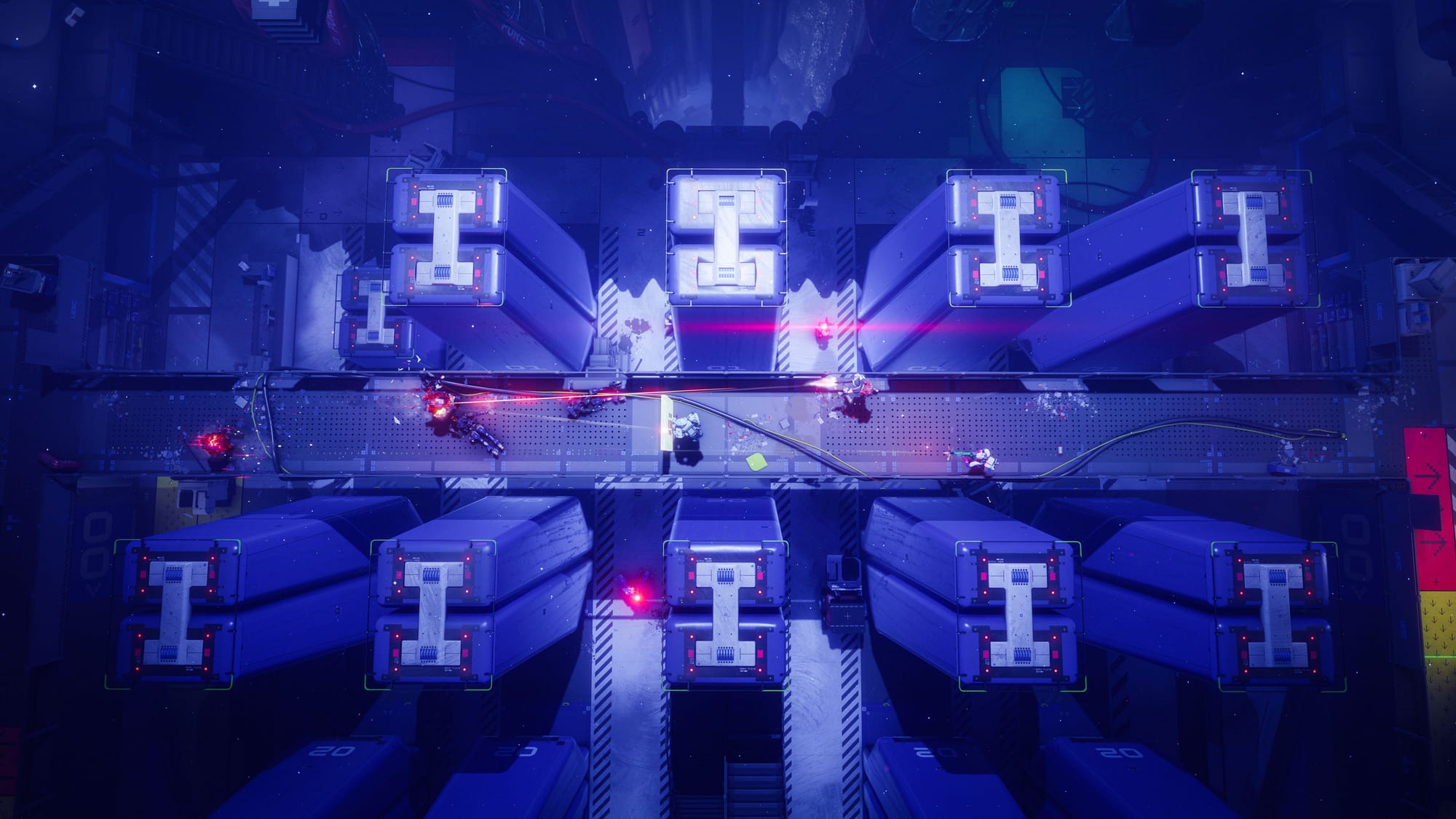 A top-down view of players and bots fighting in Marathon on Cryo Archive