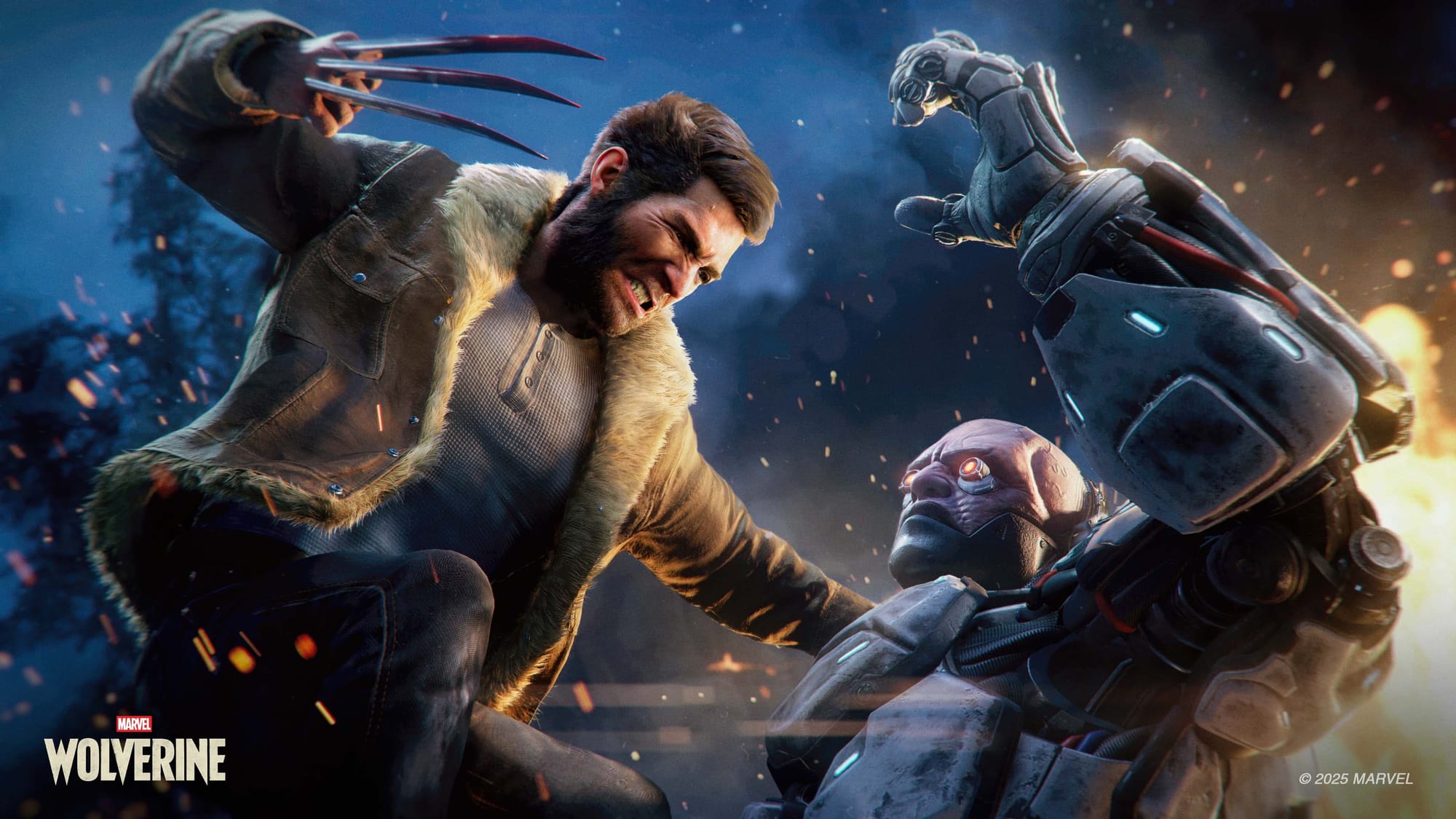 Wolverine jumps on top of a cyborg enemy, preparing to stab them with his claws.