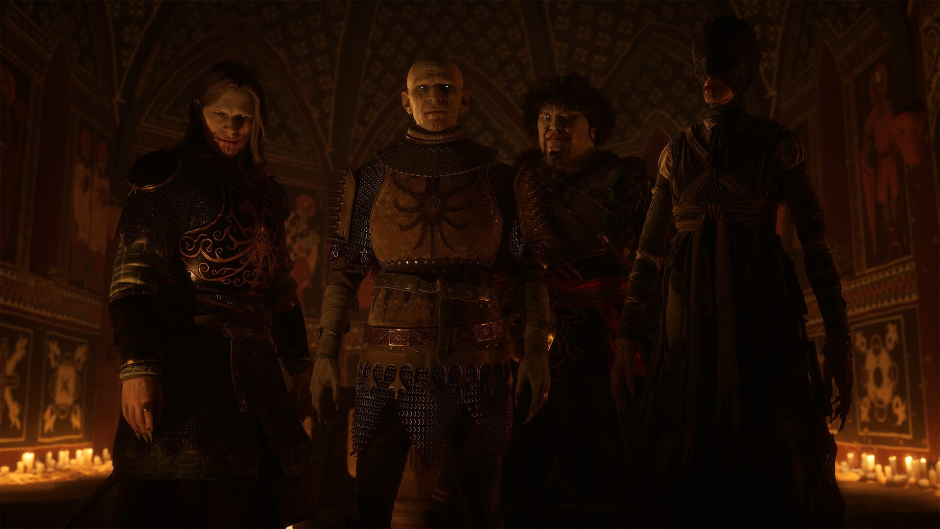 Four vampires dressed in vaguely medieval armor stand in a dark room.
