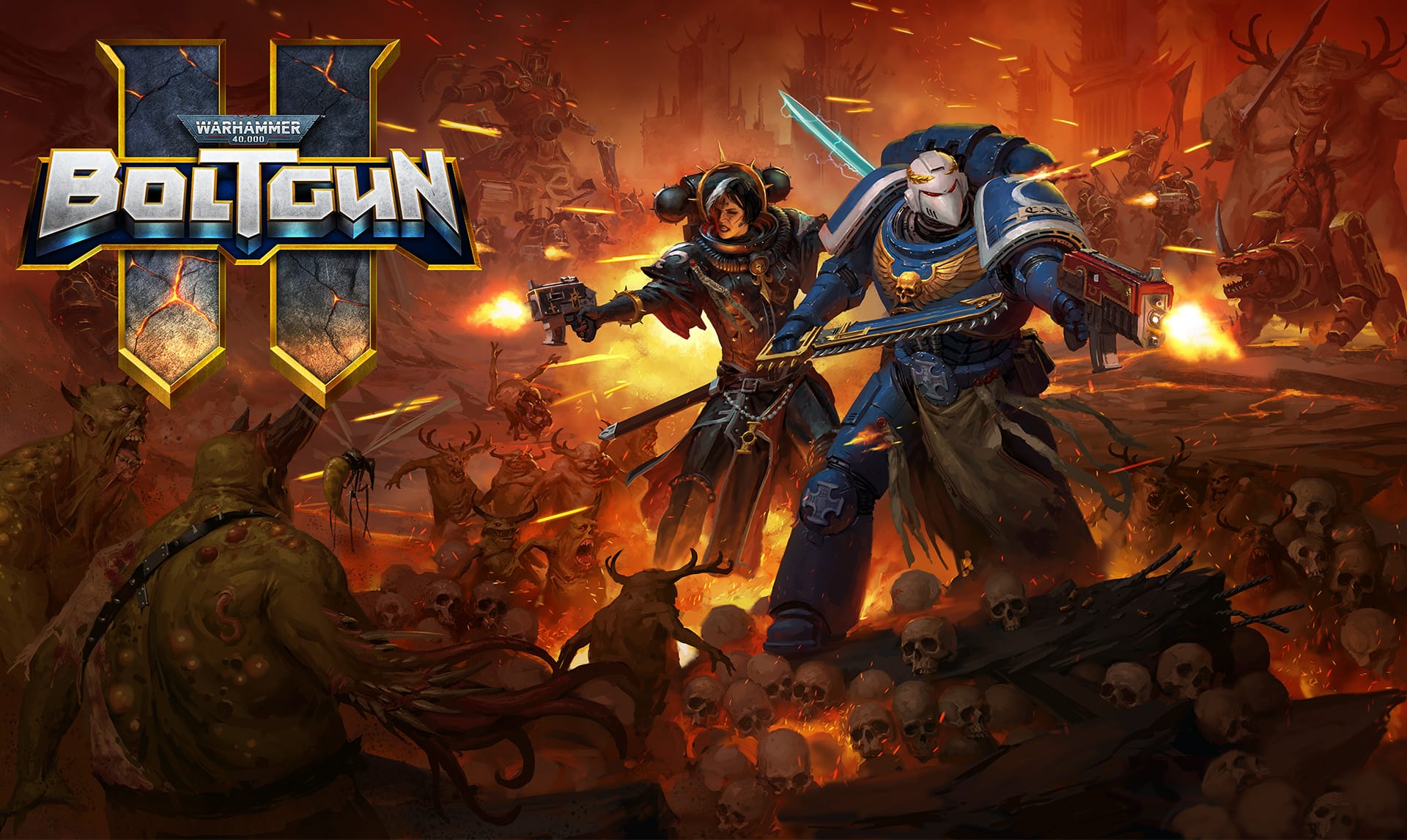 Key art for Warhammer 40,000: Boltgun 2 showing a Space Marine and a Sister of Battle