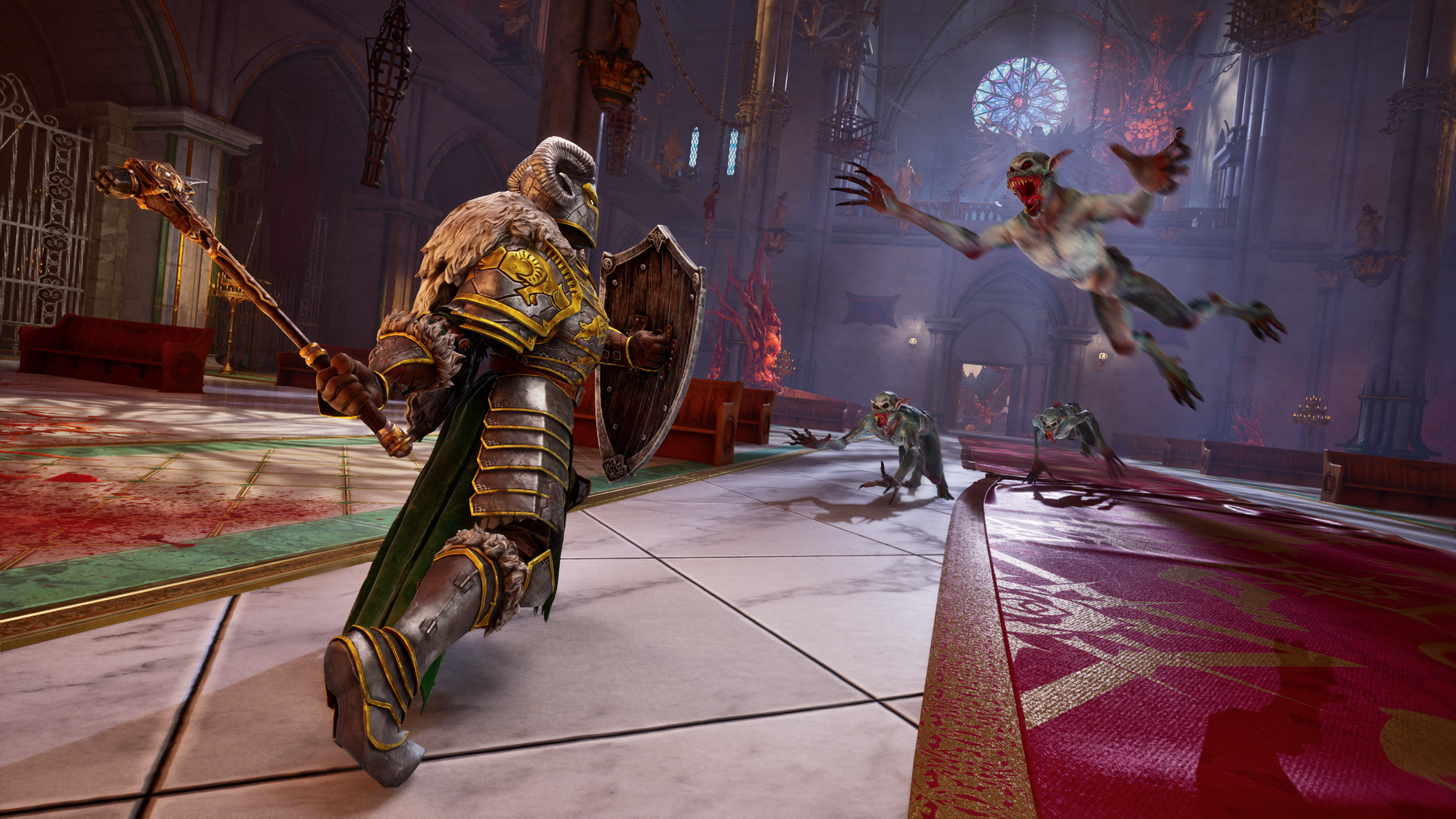 A group of vampire monsters jump at an armored warrior in Crimson Moon.
