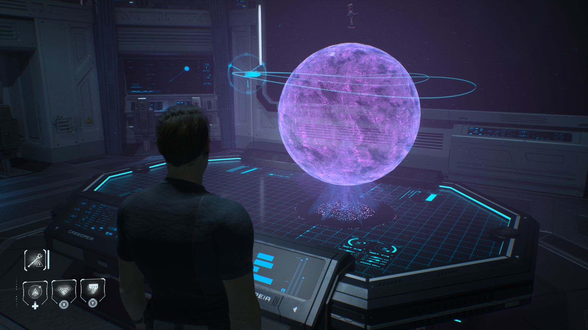 A man looking at a holographic map of a planet and a ship in orbit.