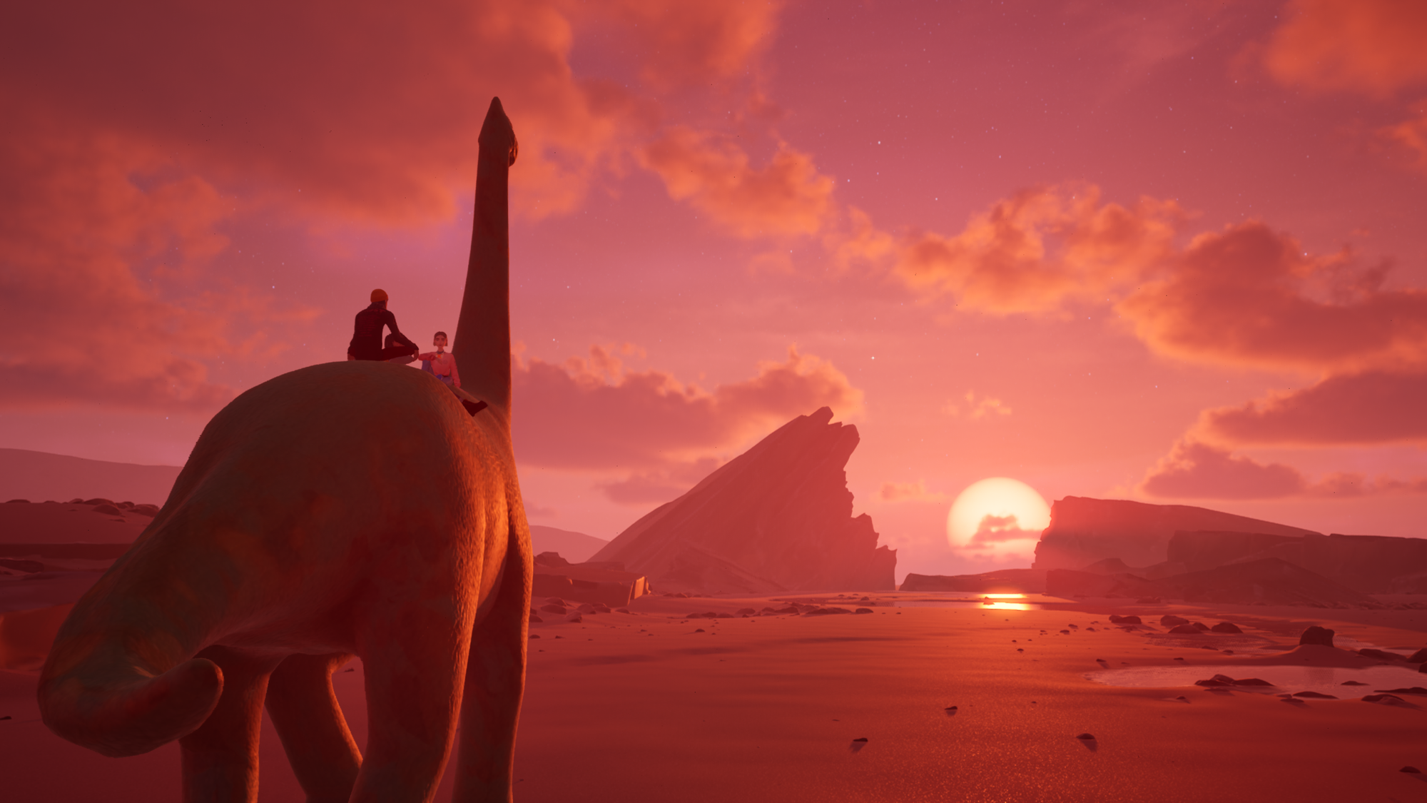Teenagers riding on the back of a Brachiosaurus into the sunset