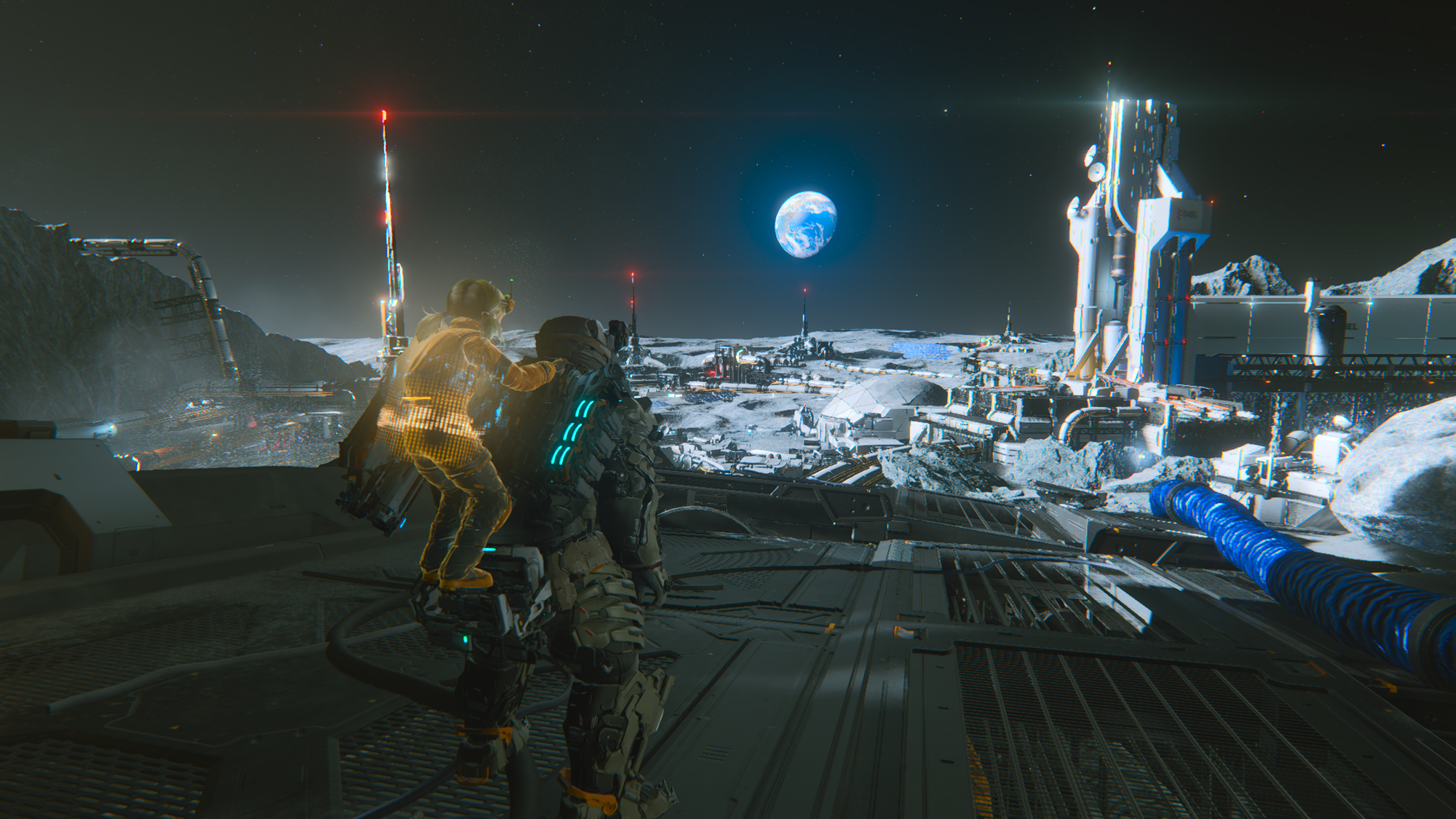 Hugh and Diana in Pragmata, looking out at Earth across a lunar base.