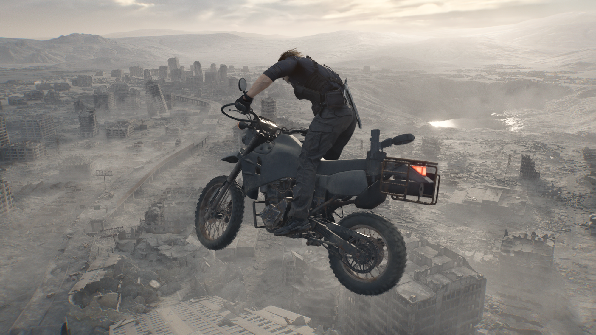 Leon on a motorcycle making a ridiculous jump in Resident Evil Requiem.