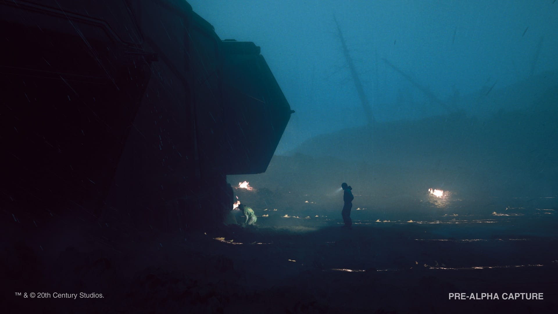Two people standing outside a dark, crashed space module