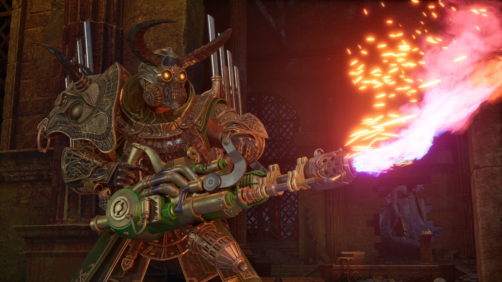 A steampunk-armored soldier with a flamethrower in Clockwork Revolution