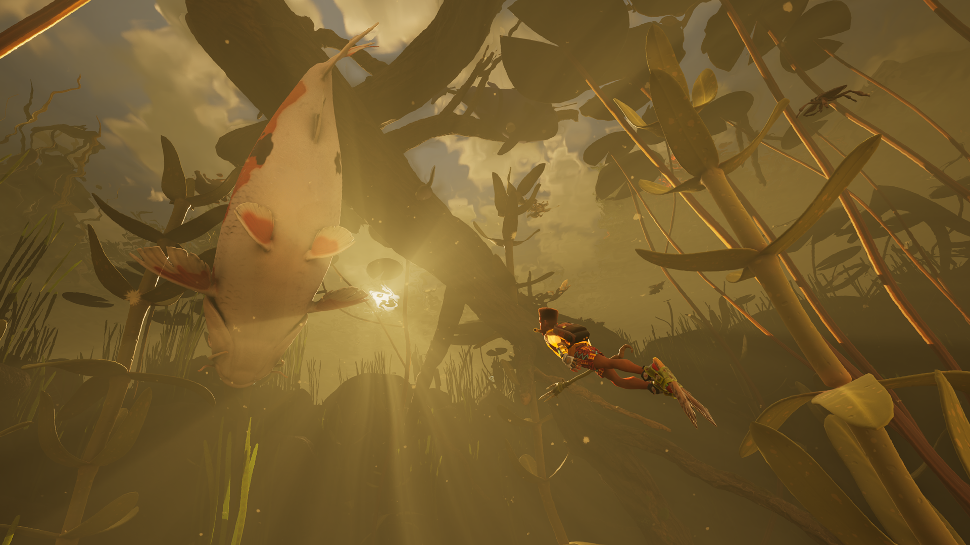 Max swimming underwater with a Koi fish above in Grounded 2