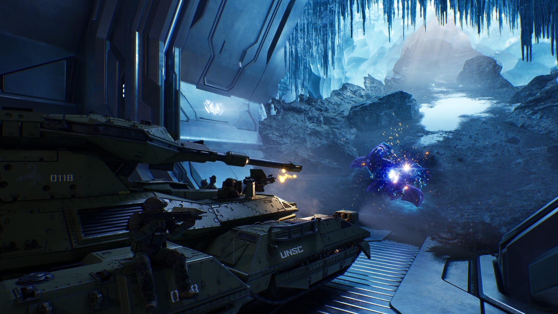 A Scorpion tank in Halo: Campaign Evolved shooting two Ghosts