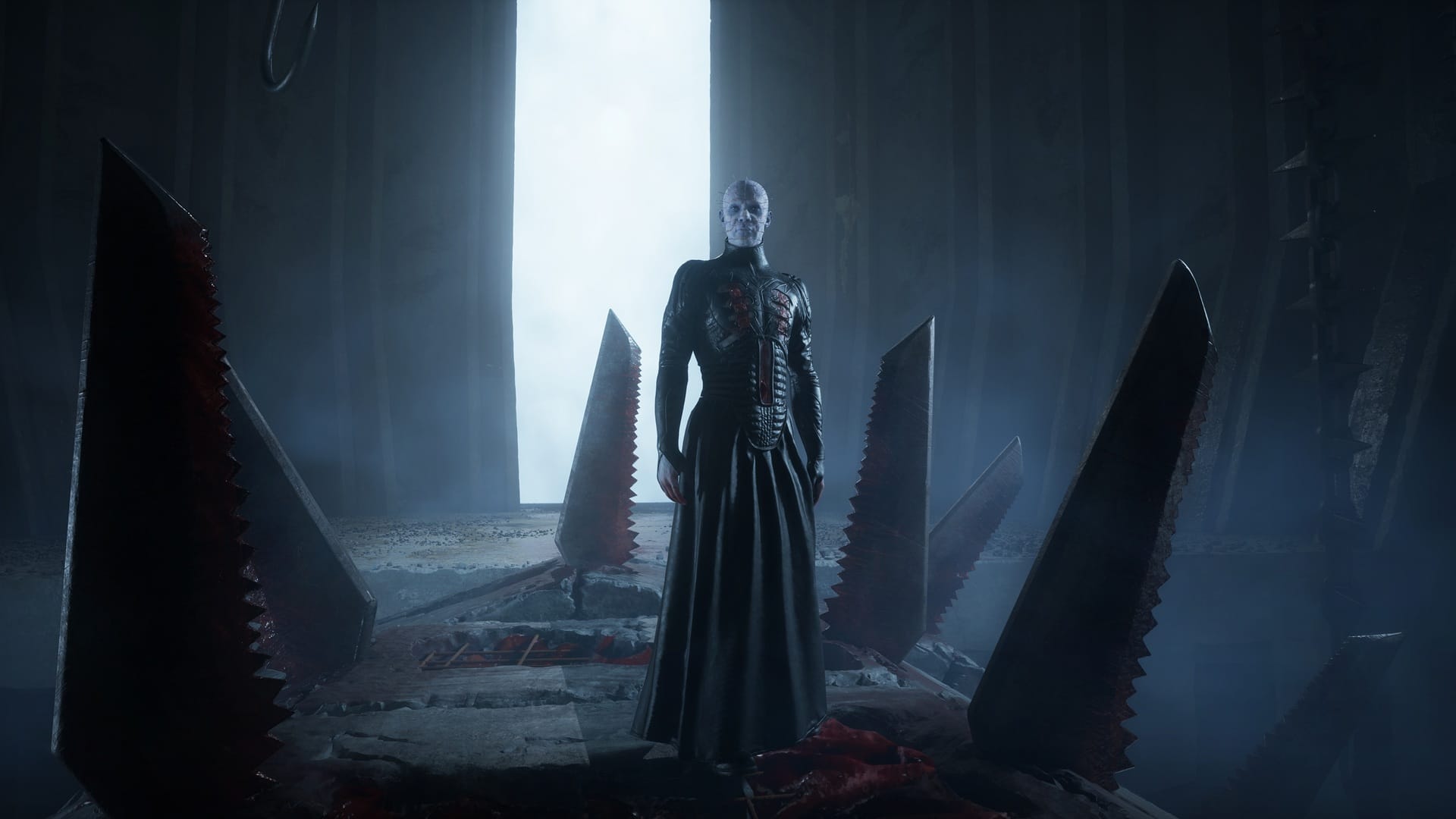 Pinhead in Clive Barker's Hellraiser: Revival, surrounded by bloody blades.