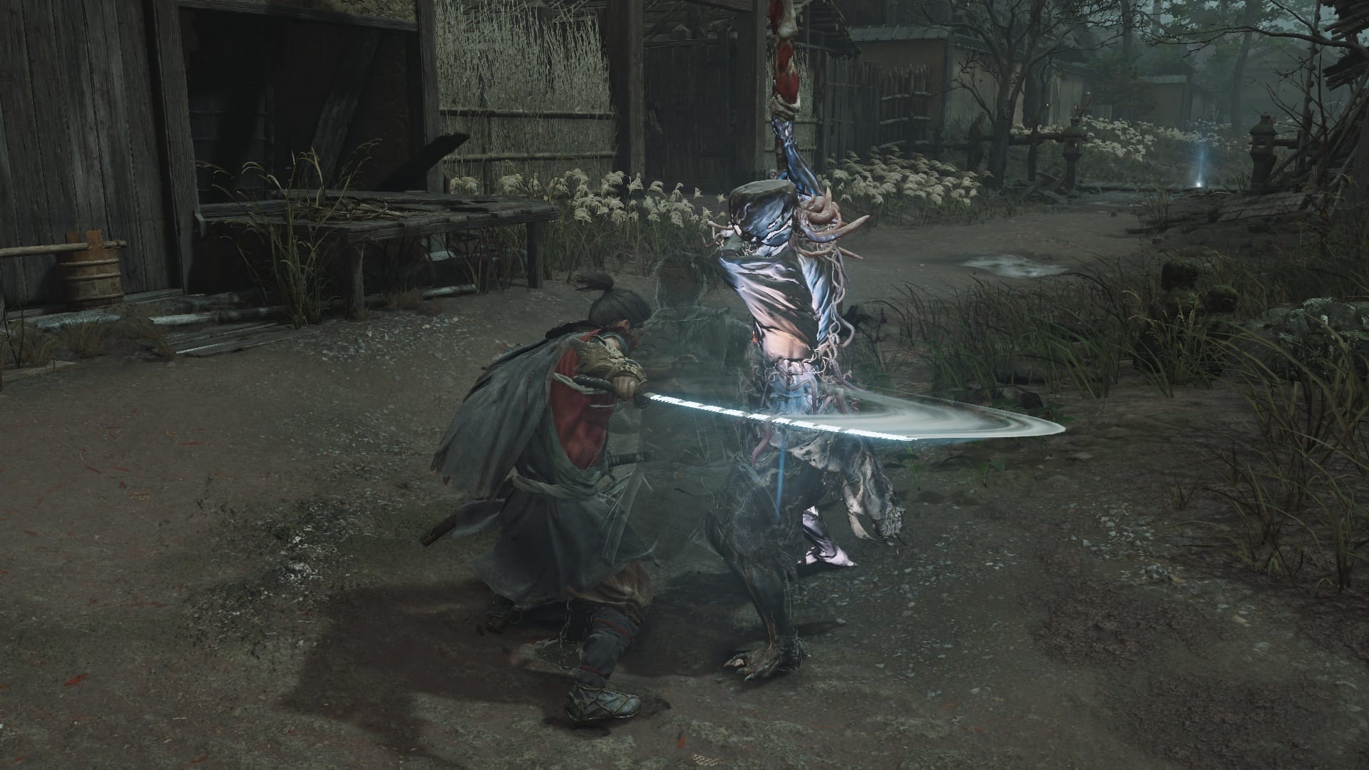 Musashi in Onimusha: Way of the Sword, slicing a Genma enemy