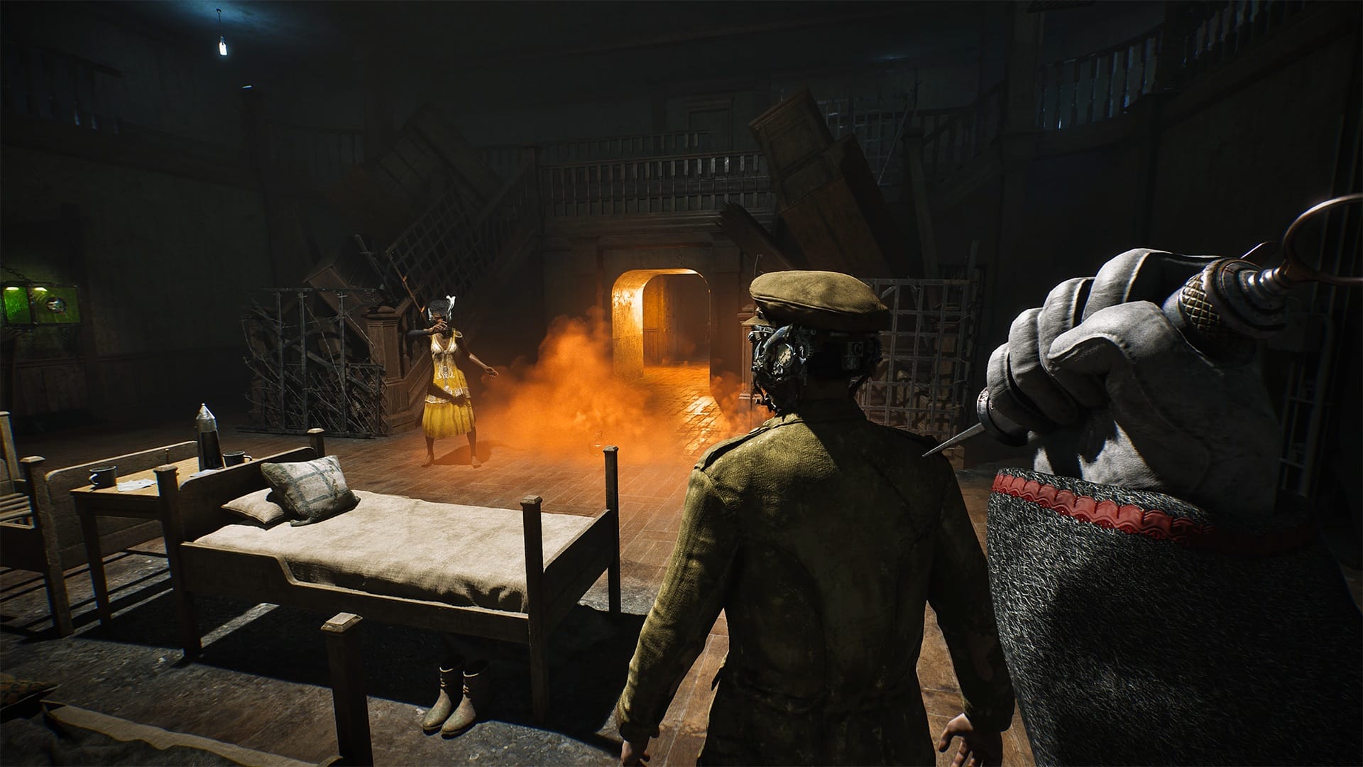 A first-person view of a man sneaking up behind another man with a needle.