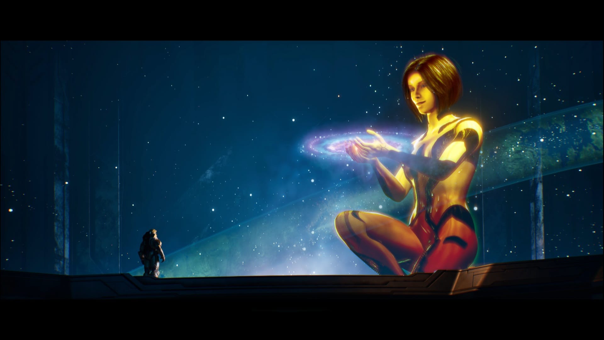 Master Chief looks at BIG CORTANA in Assault on the Control Room