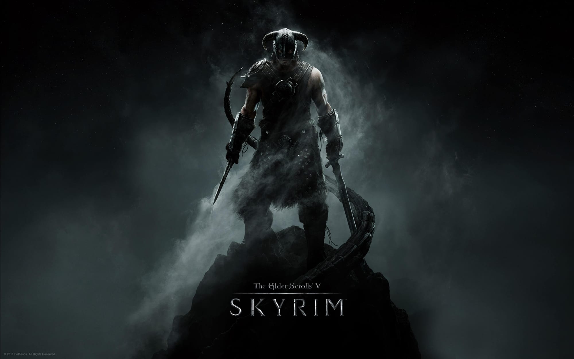 Key art for The Elder Scrolls V: Skyrim showing the Dragonborn standing on a rock