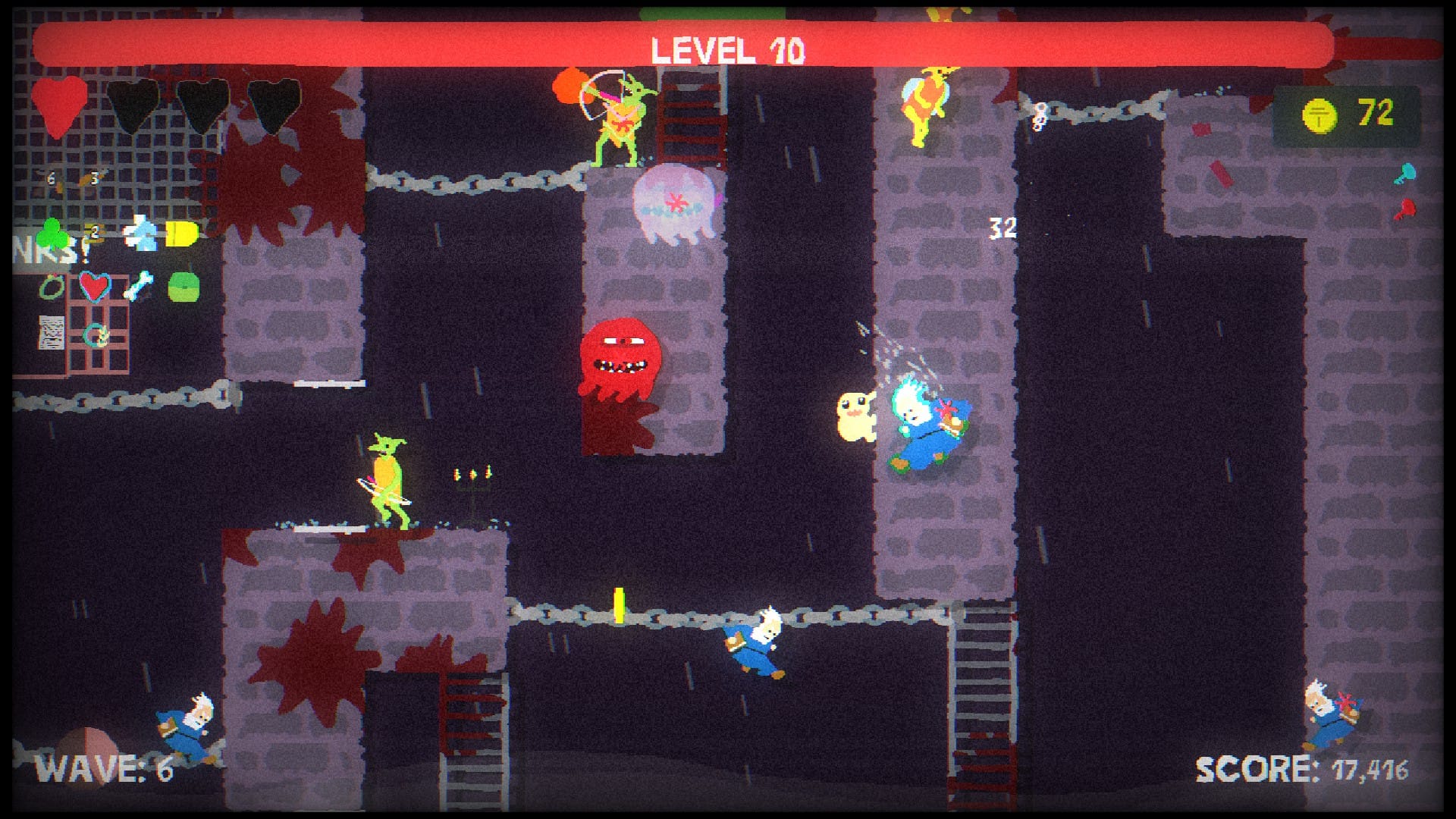 A baby character clinging to a wall in Blood Dungeon