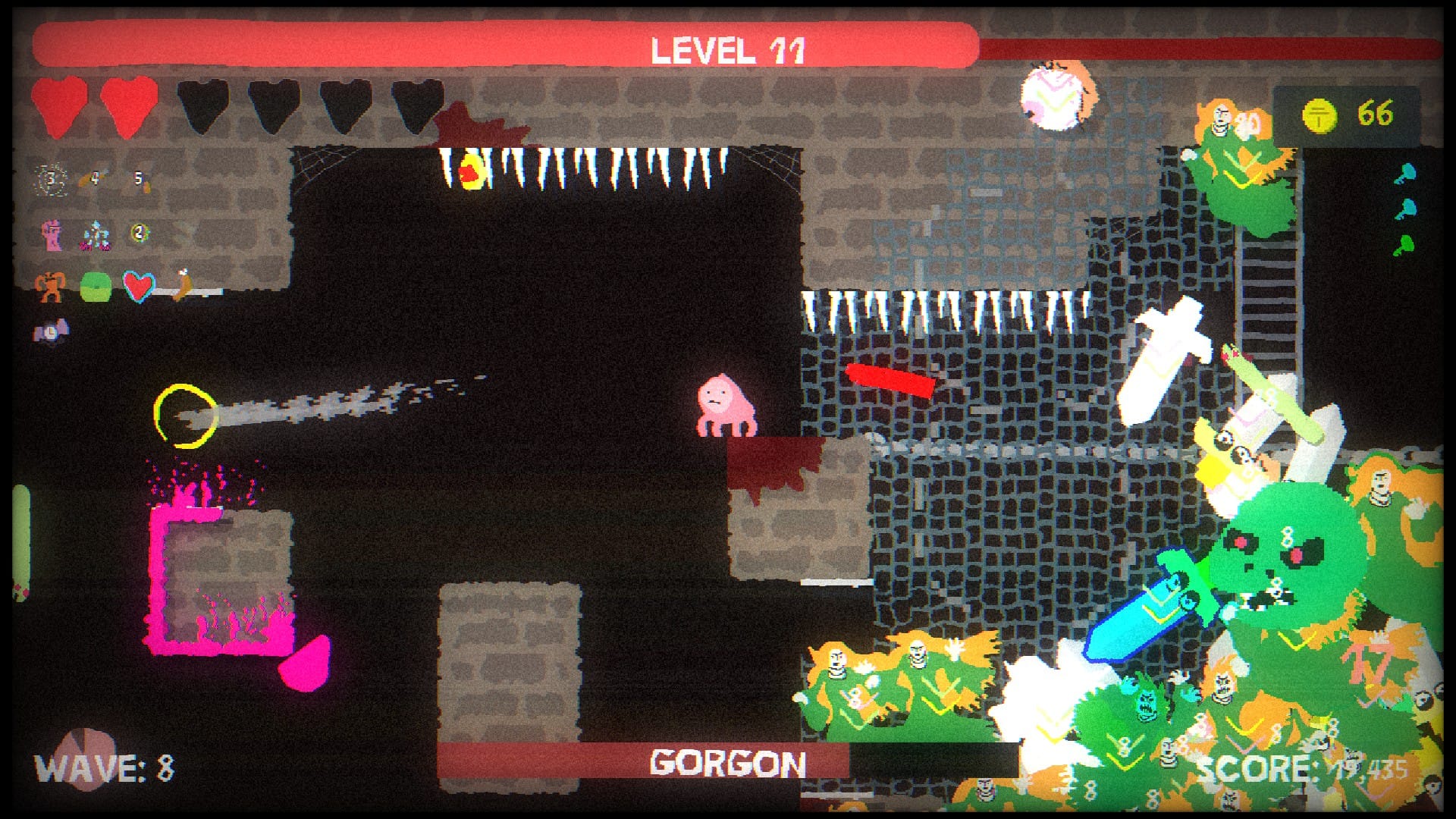 A swarm of enemies attacking in Blood Dungeon, including a Gorgon boss